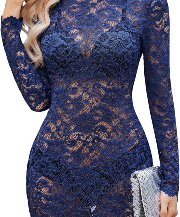 Avidlove Womens Sheer Lace Dress Sexy Long Sleeve Dress See Through Lingerie Short Mini Dresses for Party (No Linling)