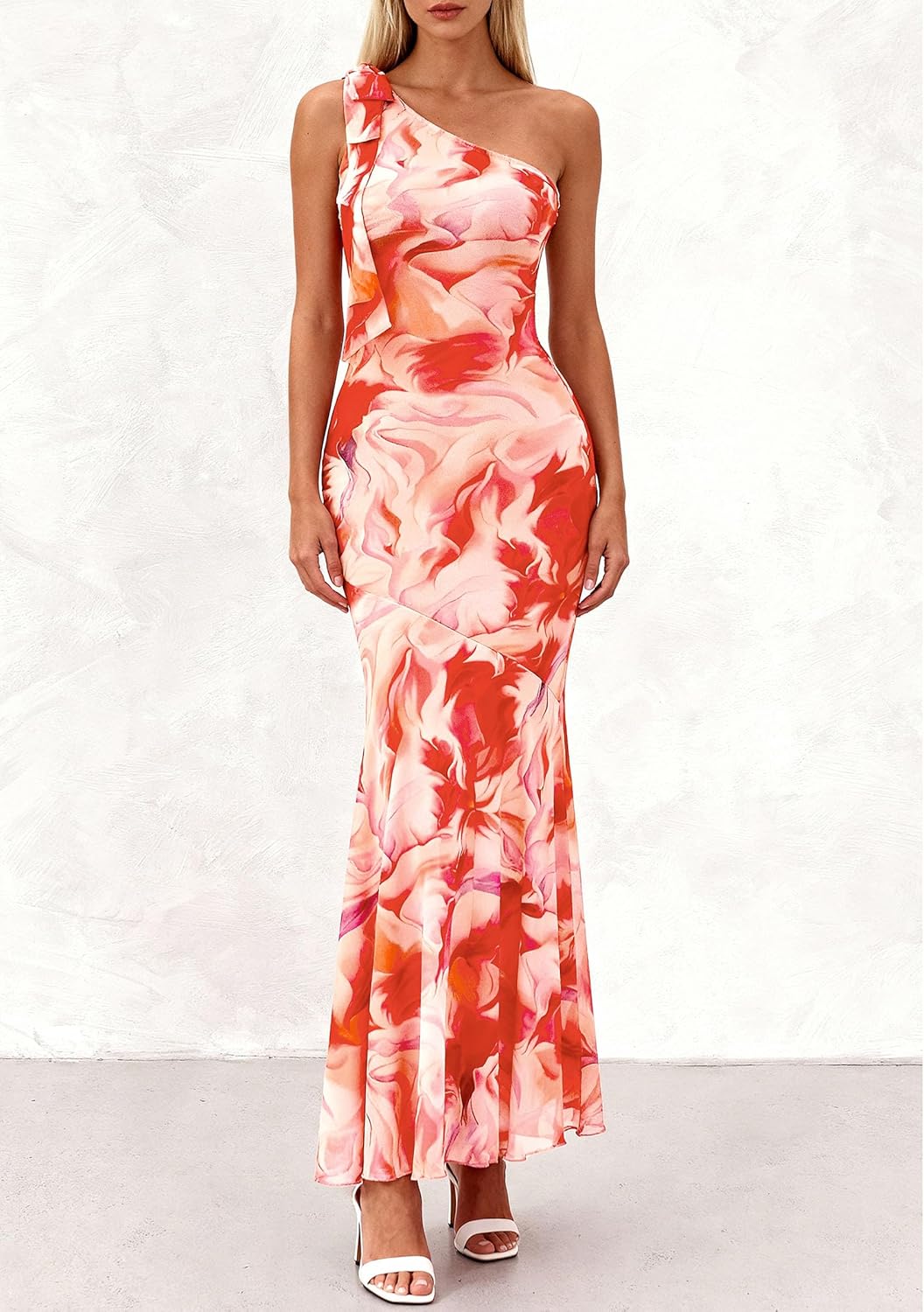 PRETTYGARDEN Womens Summer One Shoulder Maxi Dress 2026 Floral Sleeveless Bodycon Mesh Long Formal Wedding Guest Dresses