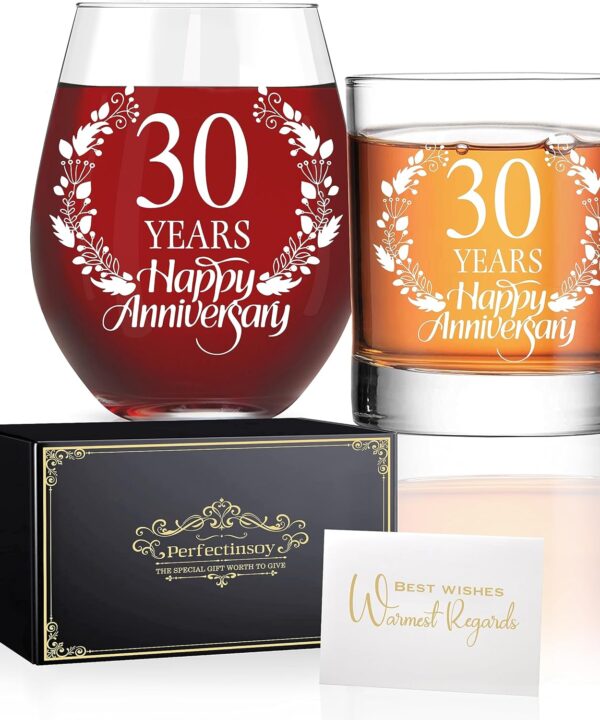 Perfectinsoy 30 Years Happy Anniversary Whiskey Glass and Stemless Wine Glass Gift Set, 30th Anniversary Wedding Gift For Mom, Dad, Soulmate, Couple, 30 Years Gifts, Happy 30th Anniversary