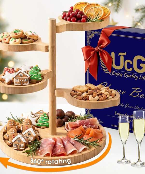 Tiered Charcuterie Board Gift for Women: Bamboo 360° Rotating Round Base with 4 Swivel Trays - White Elephant Gift, Holiday Hosting, Christmas, Birthday, Parties, House Warming Gift for Couples