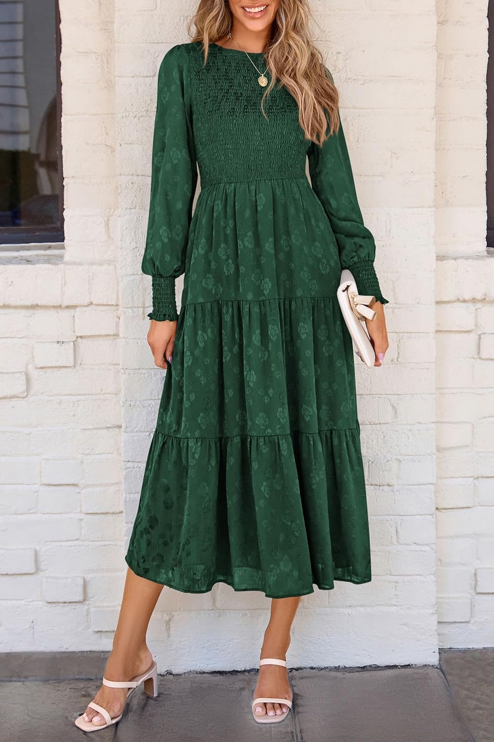 PRETTYGARDEN Womens Fall Spring Midi Dress Long Sleeve Floral Smocked Elegant Wedding Guest Long Flowy Dresses with Pockets