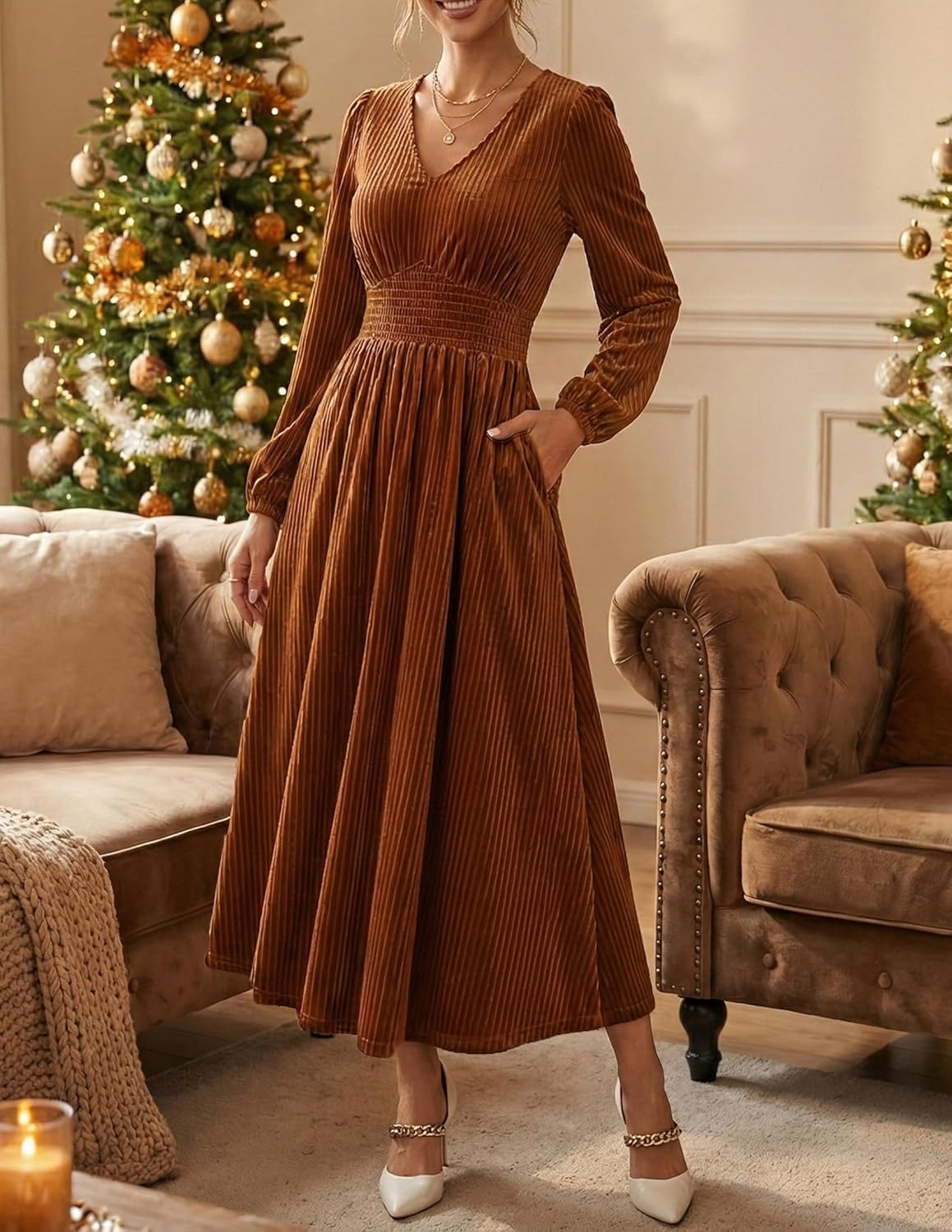 ZESICA Womens Velvet Midi Dress 2025 Casual V Neck Long Sleeve Solid Color Elastic High Waist Flowy Evening Party Dresses