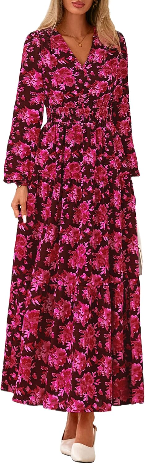 PRETTYGARDEN Long Sleeve Maxi Fall Dresses for Women 2025 Vneck Smocked Boho Floral Tiered Swing Flowy Wedding Guest Dress