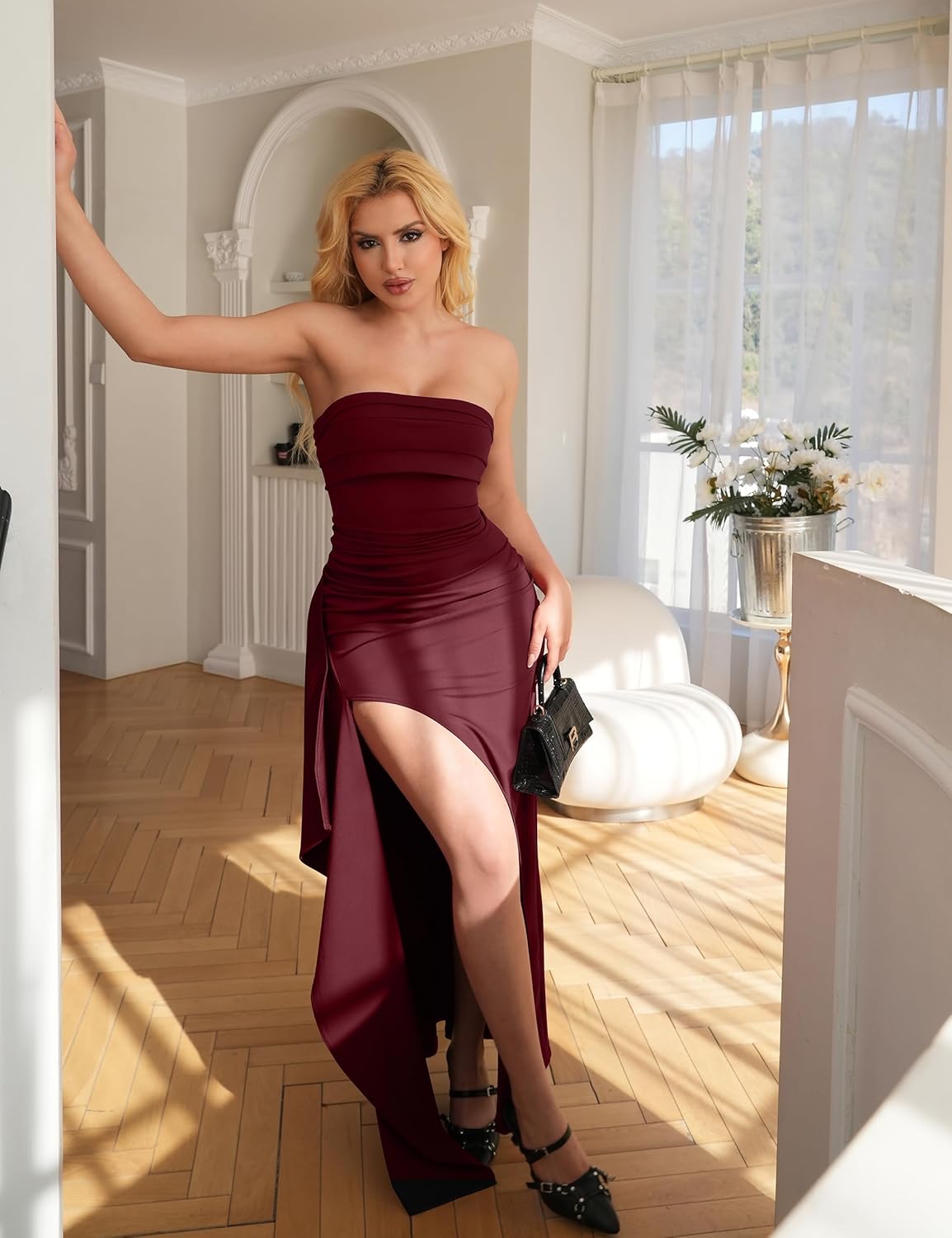 YMDUCH Womens Elegant Strapless Bodycon Ruched Ruffle High Split Long Formal Evening Dress