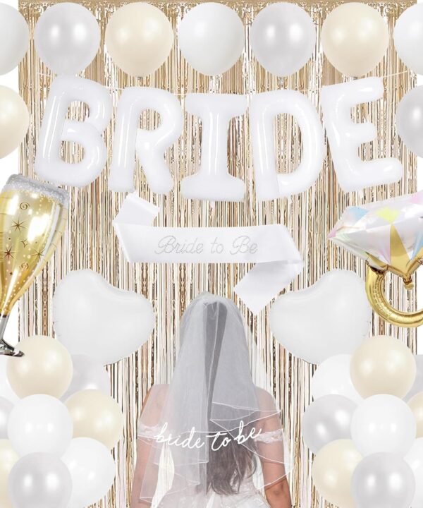 Trgowaul Bride to Be Decorations for Women, Bride to Be Banner, Bridal Shower Tiara, Sash&Veil, Fringe Curtains, Cream White Gold Bachelorette Bridal Shower Decorations Party Supplies
