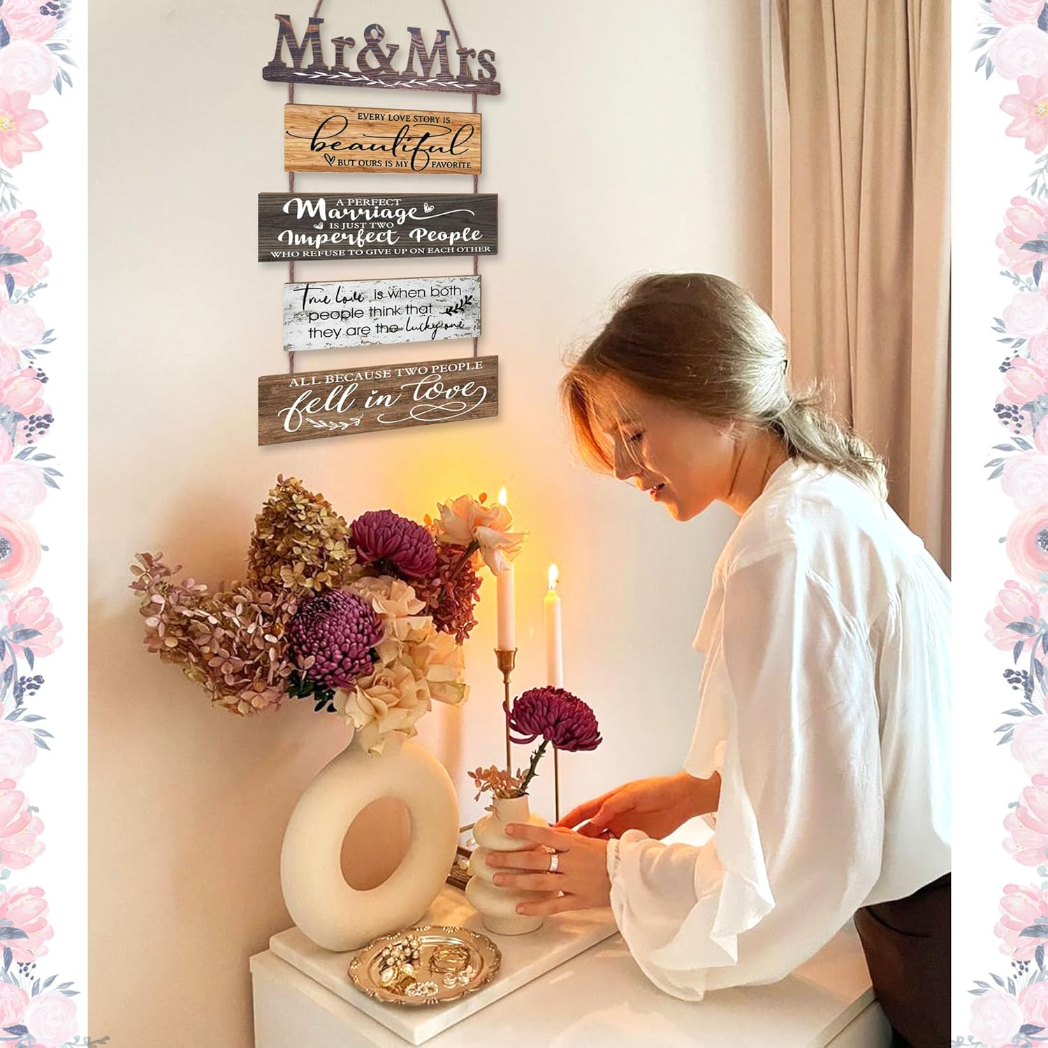 Mr & Mrs Rustic Wall Collage Sign with 5pcs Panels Strung Together – Marriage Wedding Engaged Anniversary Shower Farmhouse Distressed Wall Decor – Sweet Warming Gifts for Wife Husband Couples