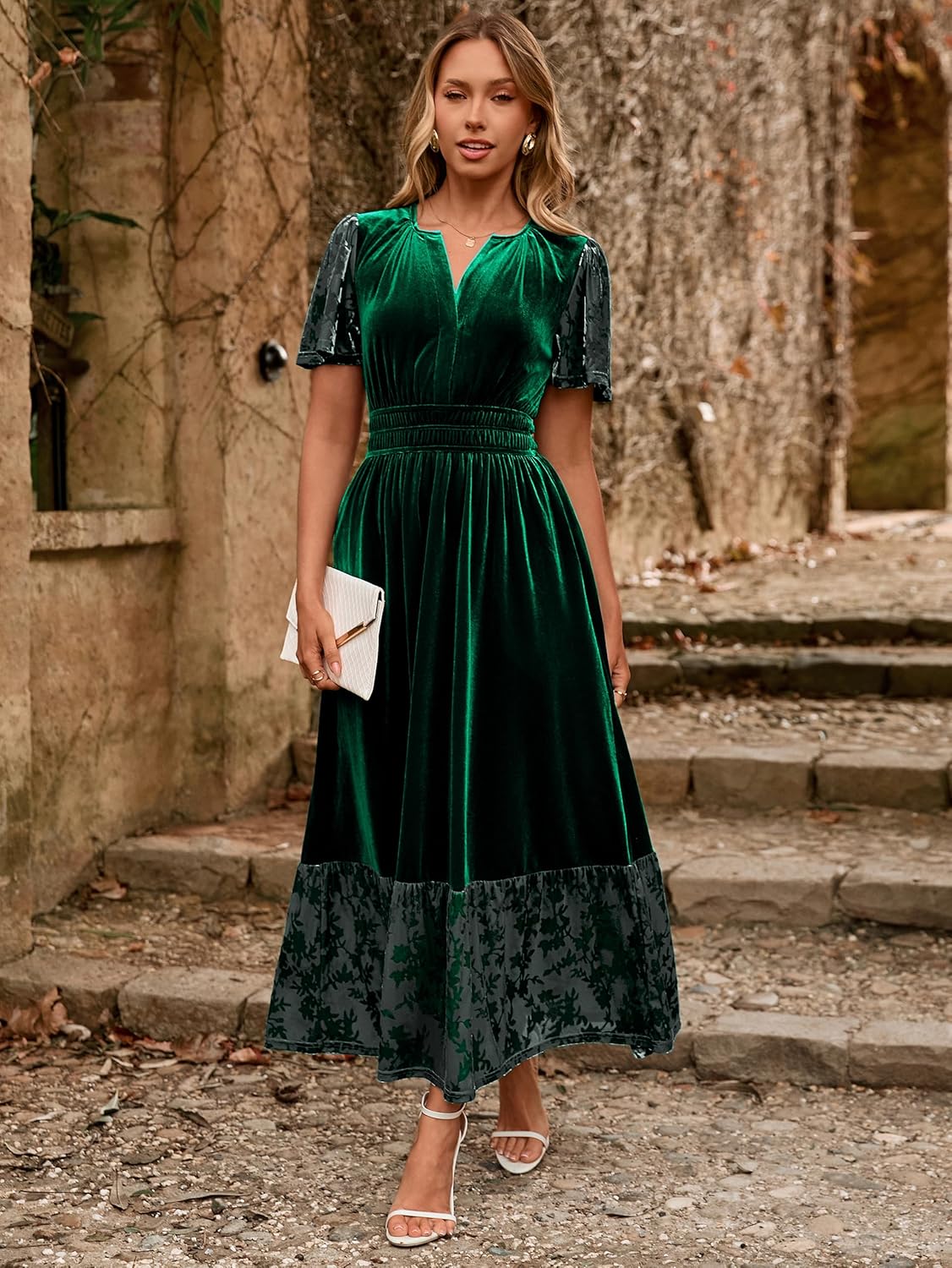 Simplee Womens Formal Velvet Maxi Dress Fall Winter V Neck Floral Short Sleeve Empire Waist Wedding Guest Dresses