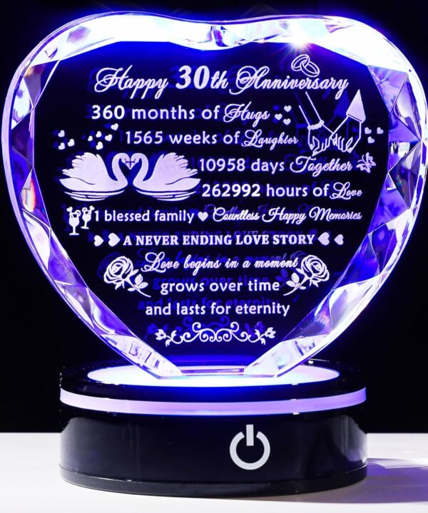 YWHL 30th Anniversary Crystal Heart Gifts for Couples Parents, Laser Engraved Romantic 30 Year Wedding Anniversary Crystal Keepsake Gifts for Wife Husband, 30 Years of Marriage Gift for Her Him