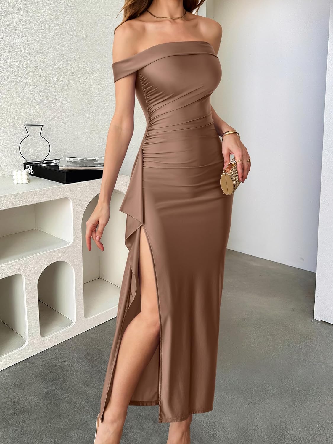 Caracilia Women Off Shoulder Sleeveless Maxi Formal Dress 2026 Sexy High Split Wedding Guest Cocktail Party Elegant Dresses
