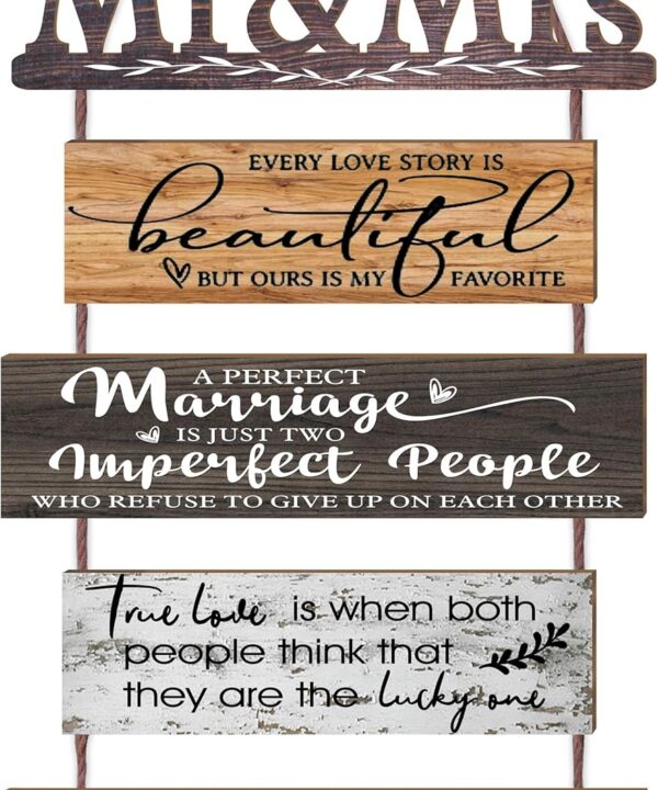 Mr & Mrs Rustic Wall Collage Sign with 5pcs Panels Strung Together - Marriage Wedding Engaged Anniversary Shower Farmhouse Distressed Wall Decor - Sweet Warming Gifts for Wife Husband Couples