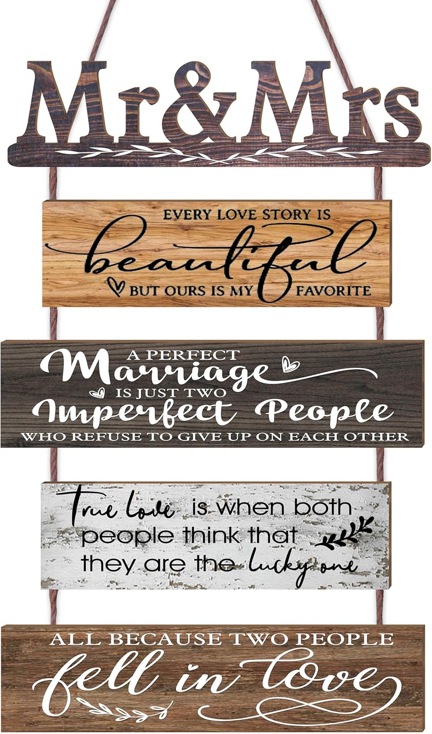 Mr & Mrs Rustic Wall Collage Sign with 5pcs Panels Strung Together - Marriage Wedding Engaged Anniversary Shower Farmhouse Distressed Wall Decor - Sweet Warming Gifts for Wife Husband Couples