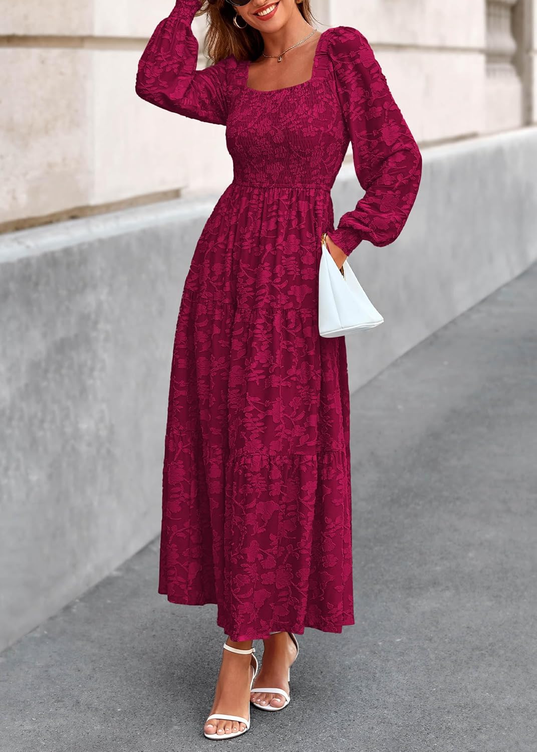 KIRUNDO Wedding Guest Dresses for Women Long Sleeve Smocked Floral Flowy A Line Boho Maxi Dress Fall Clothes