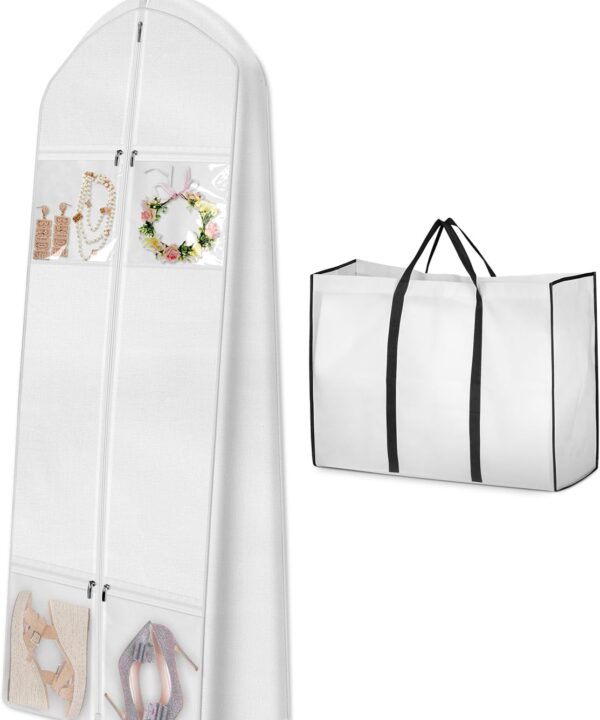 MISSLO Portable 70" Wedding Dress Garment Bag with Bride Tote Bag 8'' Gusseted Dress Bags for Gowns Long 4 Pockets Dress Cover for Women, White