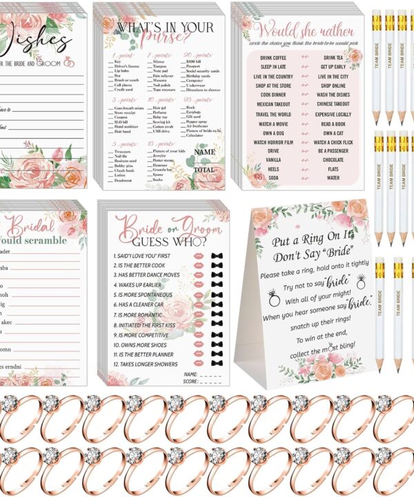 Sosation 331 Pcs Bridal Shower Games Supplies, 5 Sets (50 Cards Each) Wedding Games Cards, 1 Put a Ring on It Bridal Shower Game with 60 Rings and 20 Team Pencils for Wedding Engagement