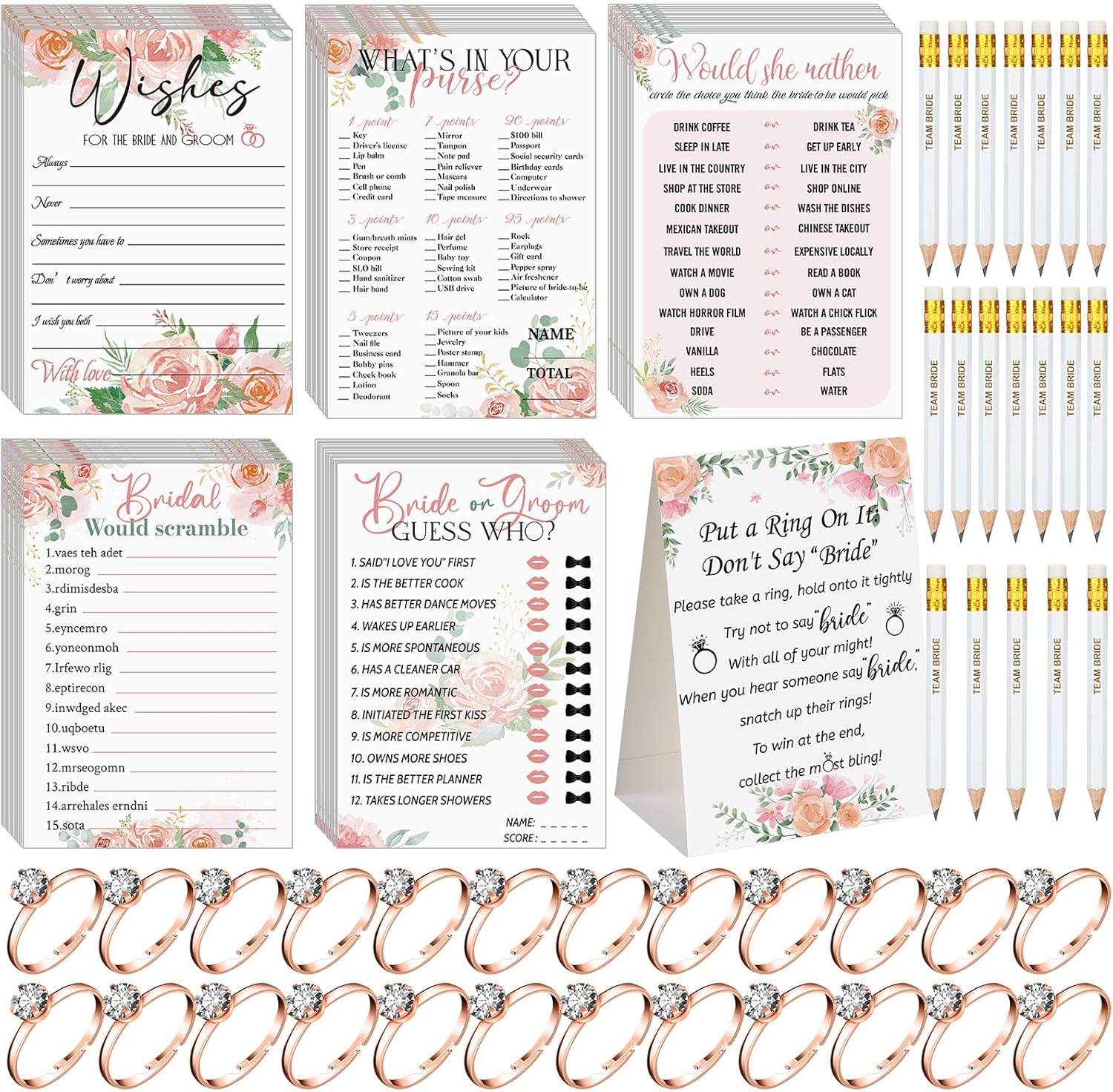 Sosation 331 Pcs Bridal Shower Games Supplies, 5 Sets (50 Cards Each) Wedding Games Cards, 1 Put a Ring on It Bridal Shower Game with 60 Rings and 20 Team Pencils for Wedding Engagement