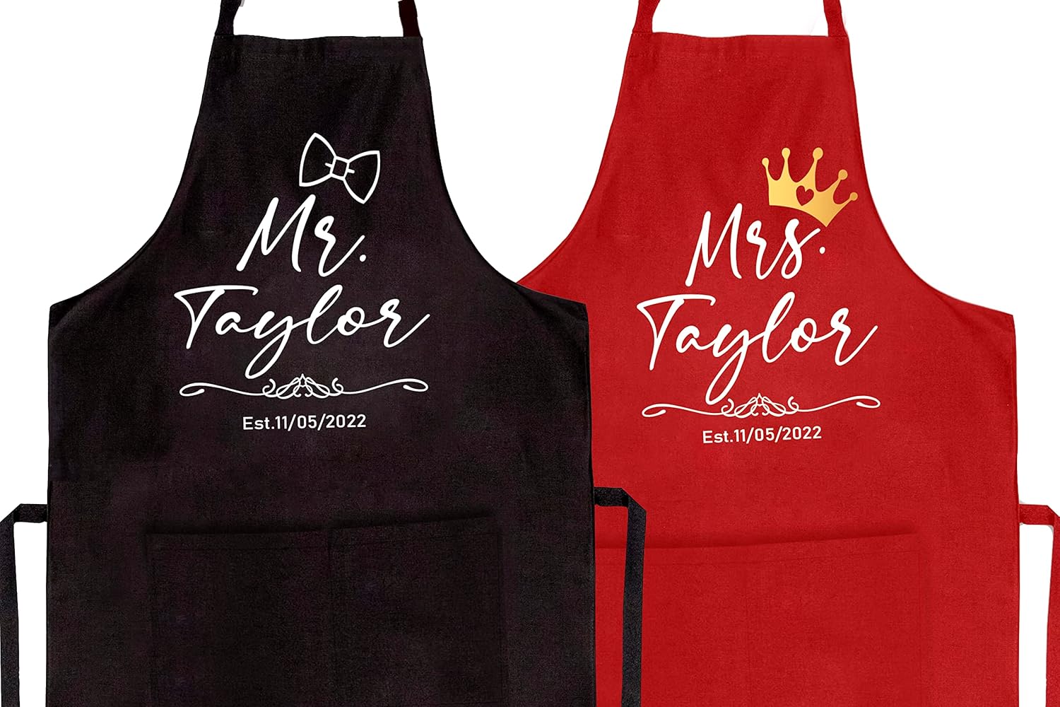 Mr. & Mrs. Custom Name Aprons – Personalized Couples Aprons with Date, Matching Cooking Aprons for Wedding, Engagement, Anniversary, Bridal Shower Gifts, Valentines Day Kitchen Gift for Him and Her