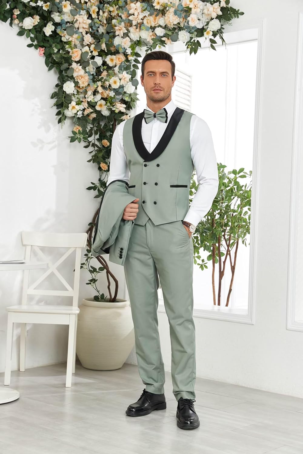 Wangyue Double Breasted Mens Tuxedo Suit Set 3 Piece Wedding Tuxedos for Men Slim Fit Prom Suits Groom Tux with Bow Tie