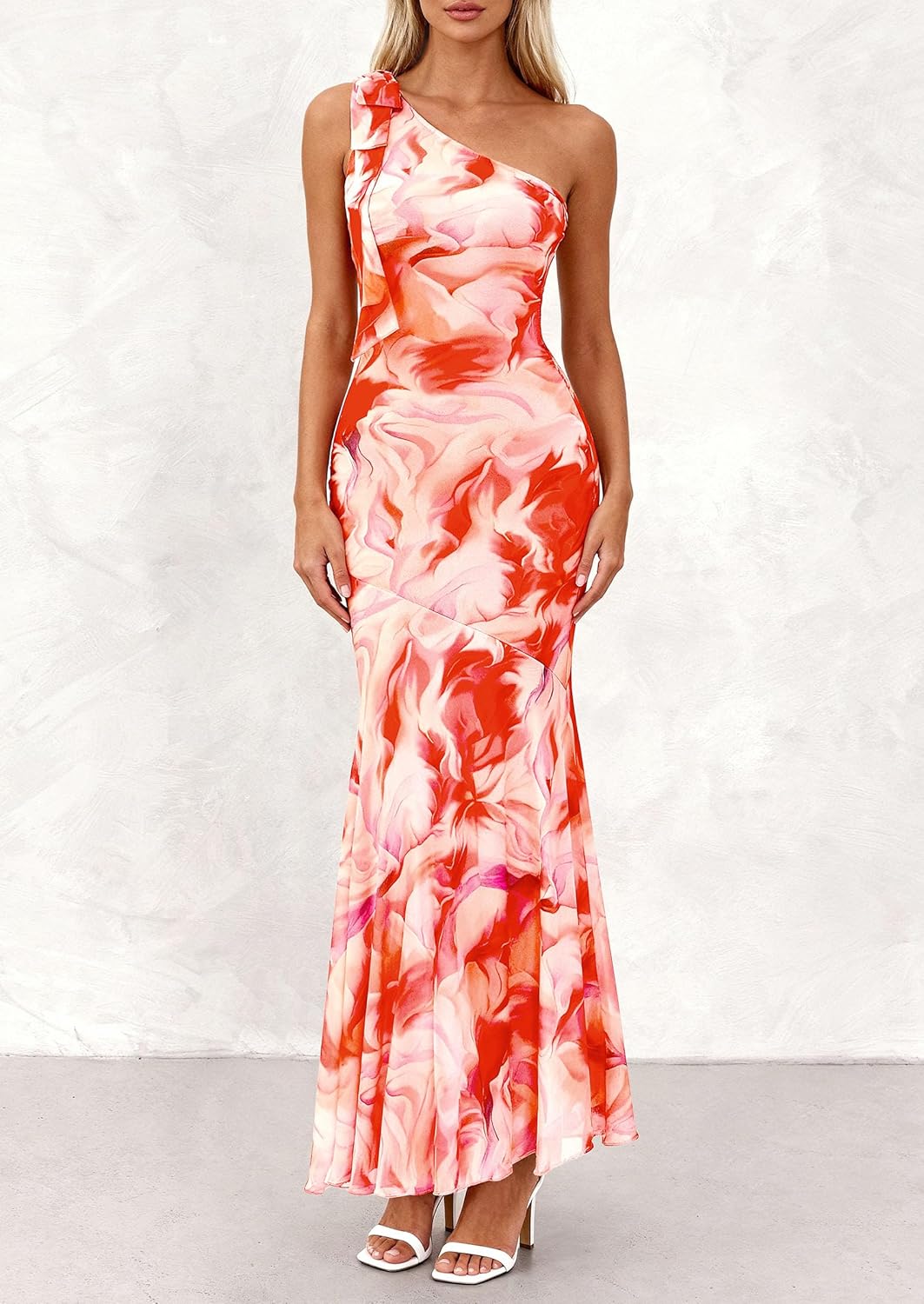 PRETTYGARDEN Womens Summer One Shoulder Maxi Dress 2026 Floral Sleeveless Bodycon Mesh Long Formal Wedding Guest Dresses