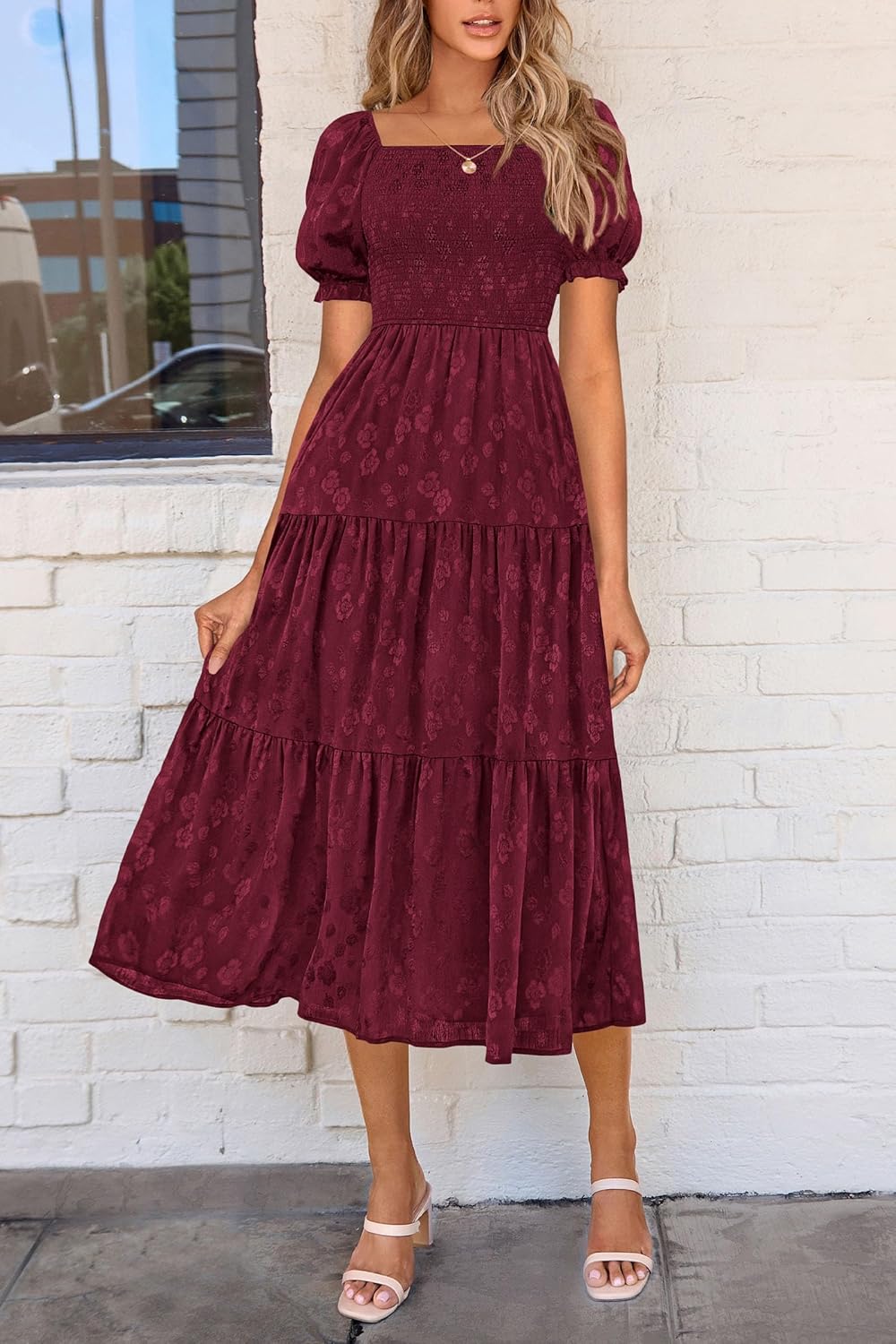 PRETTYGARDEN Womens 2025 Summer Casual Midi Dresses Square Neck Short Sleeve Smocked A Line Floral Flowy Elegant Boho Dress