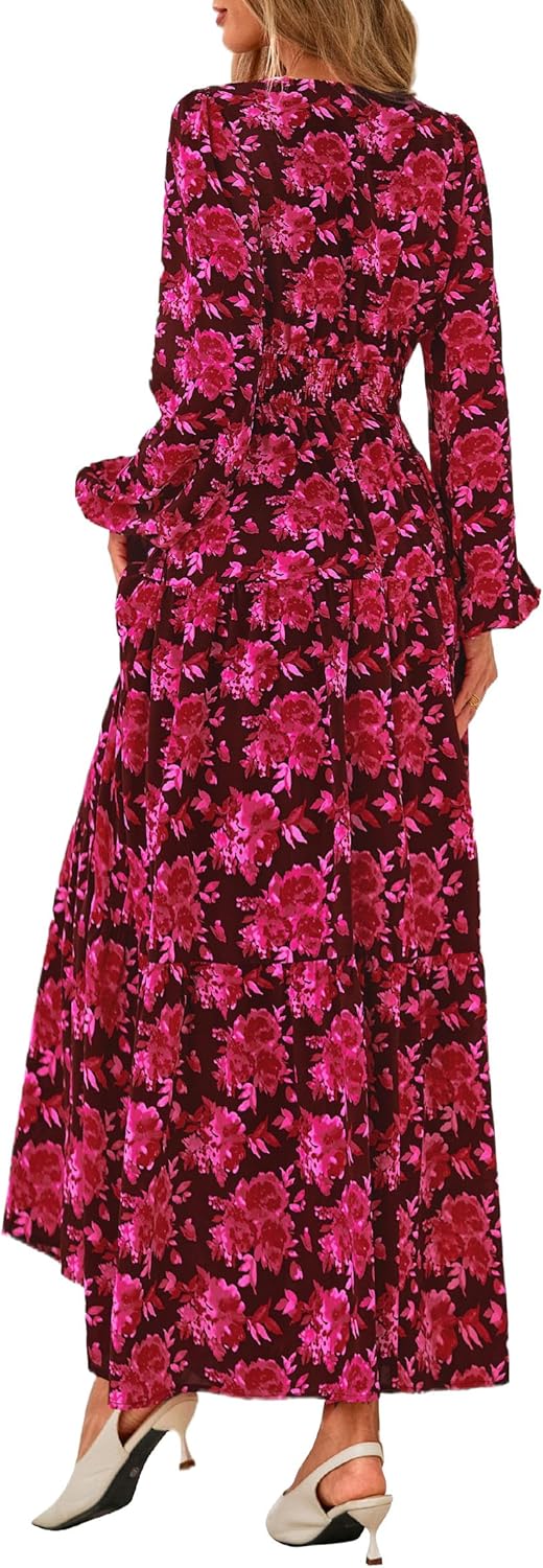 PRETTYGARDEN Long Sleeve Maxi Fall Dresses for Women 2025 Vneck Smocked Boho Floral Tiered Swing Flowy Wedding Guest Dress