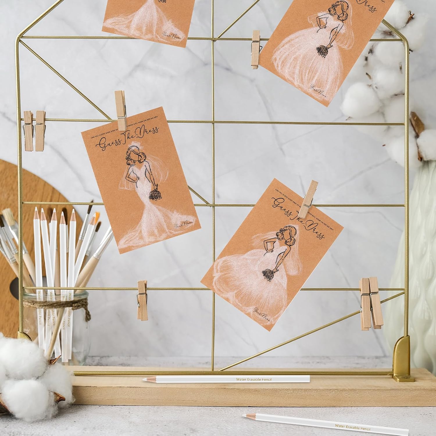 Fulmoon 30 Sets Guess The Dress Bridal Shower Games for Guests Include Wedding Shower Games Cards and Water Soluble Pencils Fun Wedding Decorations Party Ideas Supplies(Brown)