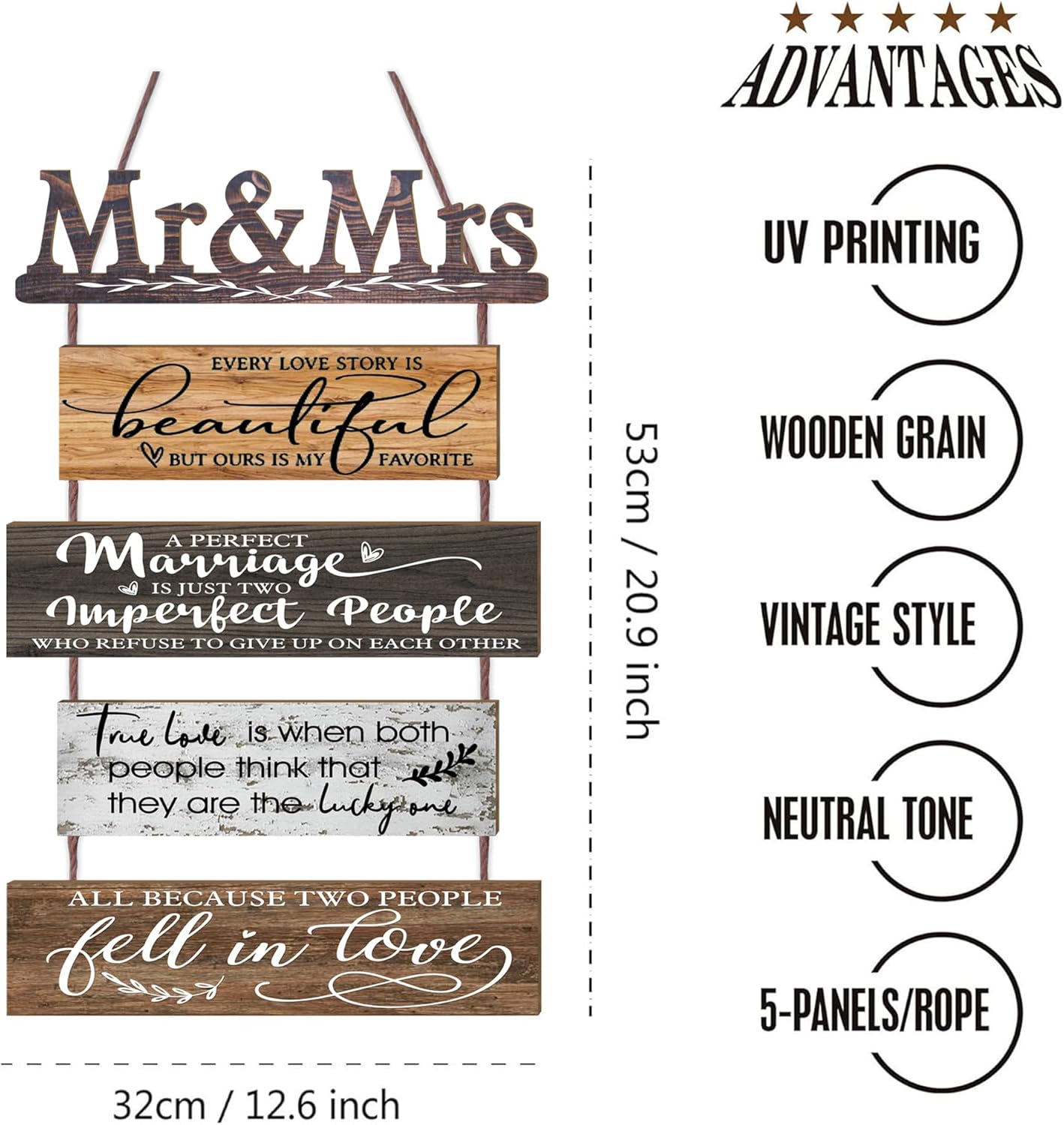 Mr & Mrs Rustic Wall Collage Sign with 5pcs Panels Strung Together – Marriage Wedding Engaged Anniversary Shower Farmhouse Distressed Wall Decor – Sweet Warming Gifts for Wife Husband Couples