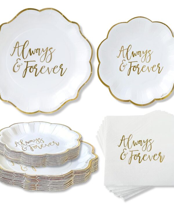 Kate Aspen Always & Forever Wedding Paper Plates and Napkins Set - 72 Piece Wedding Plates Disposable Party Tableware for 24 Guests - Bridal Shower Decorations, Engagement Party Decor