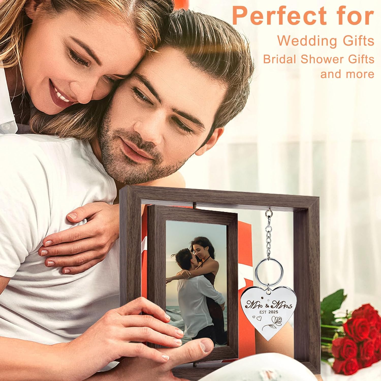 Wedding Gifts for Couples 2025,Rotating Floating Mr and Mrs Picture Frame,4×6 Rustic Picture Frame Engagement Gifts for Couples,Bridal Shower Gift for Bride to Be