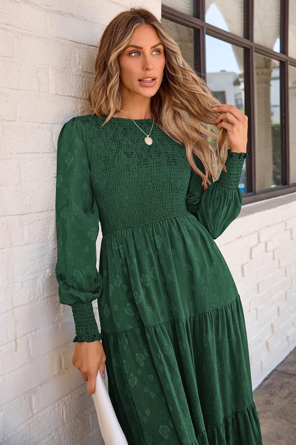 PRETTYGARDEN Womens Fall Spring Midi Dress Long Sleeve Floral Smocked Elegant Wedding Guest Long Flowy Dresses with Pockets