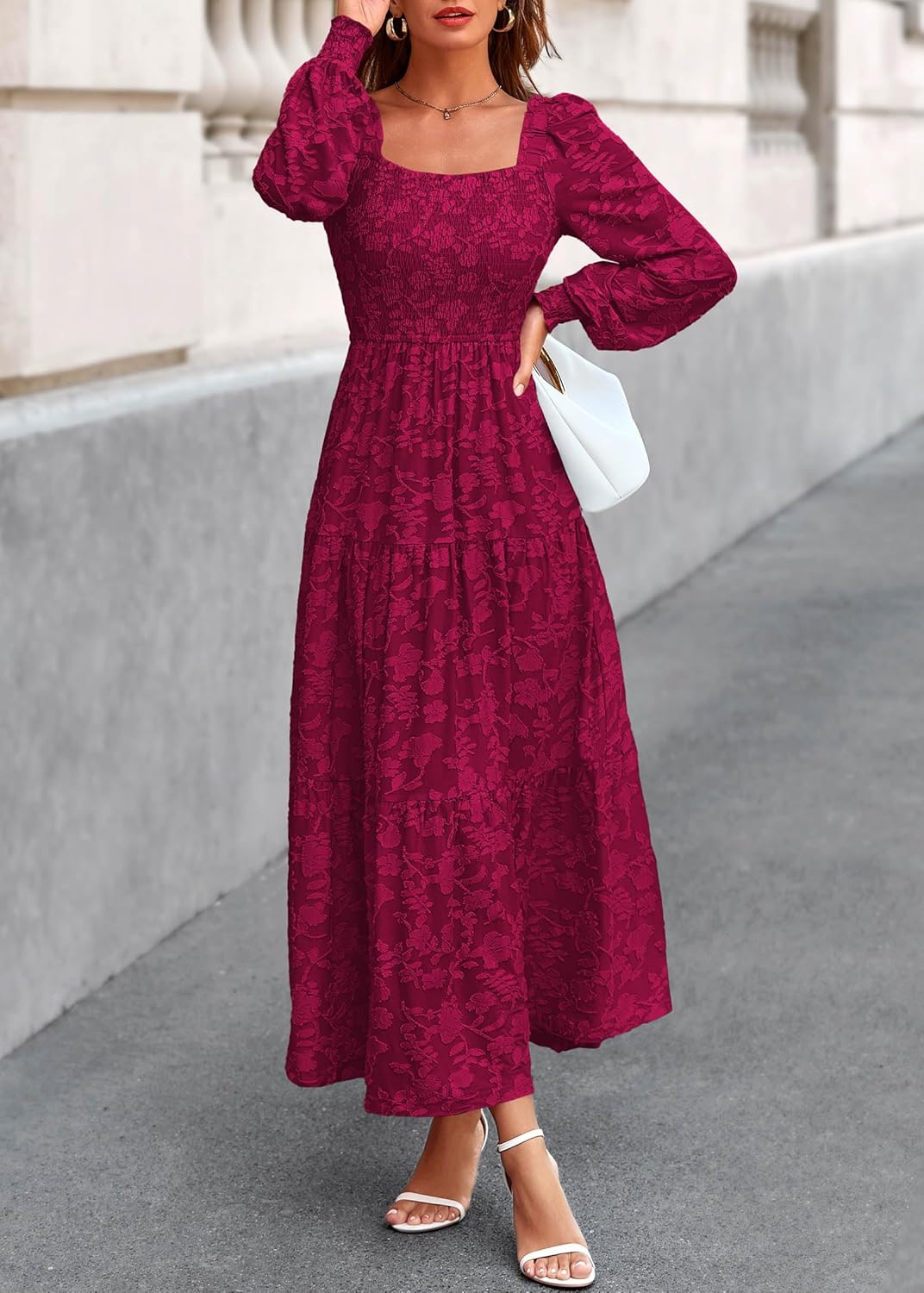 KIRUNDO Wedding Guest Dresses for Women Long Sleeve Smocked Floral Flowy A Line Boho Maxi Dress Fall Clothes