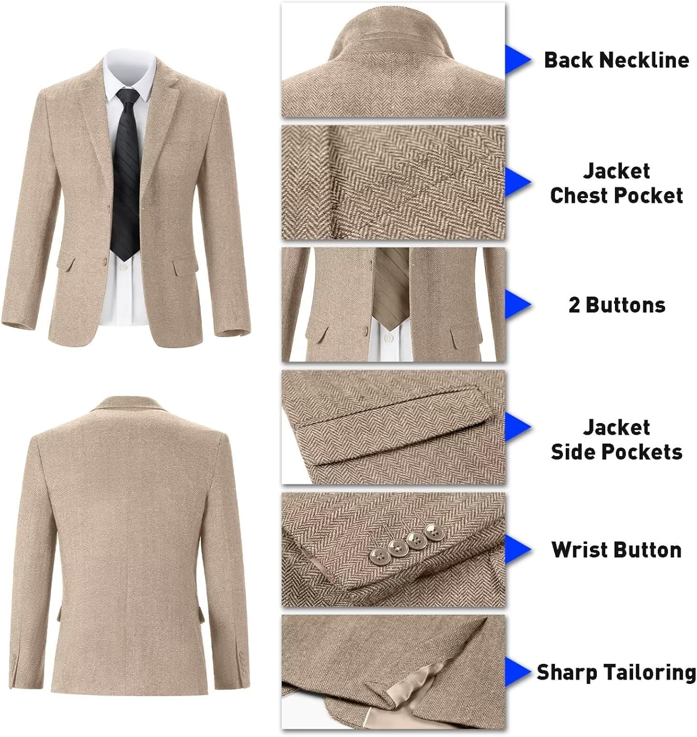 Retro Tweed Herringbone Suit for Men Slim Fit 3 Pieces Mens Suit Groom Dress Tuxedos Prom Suit Jacket Vest Pants