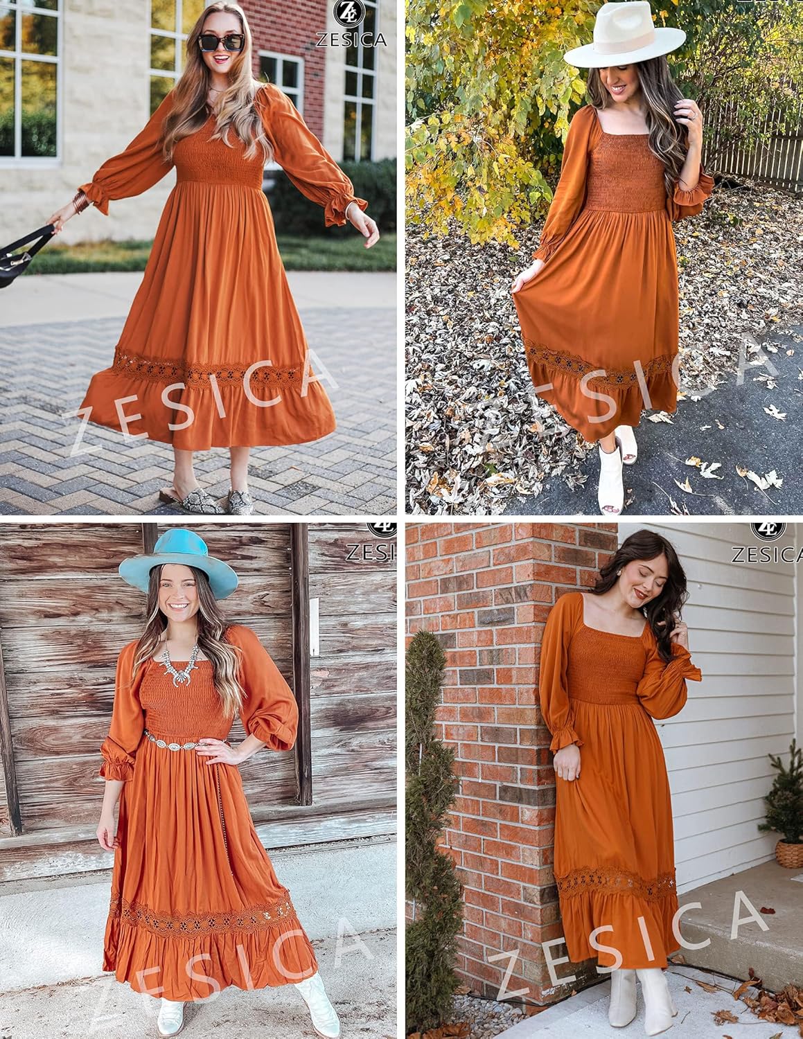 ZESICA Womens 2025 Boho Long Sleeve Square Neck Smocked High Waist Flowy A Line Lace Trim Maxi Dress