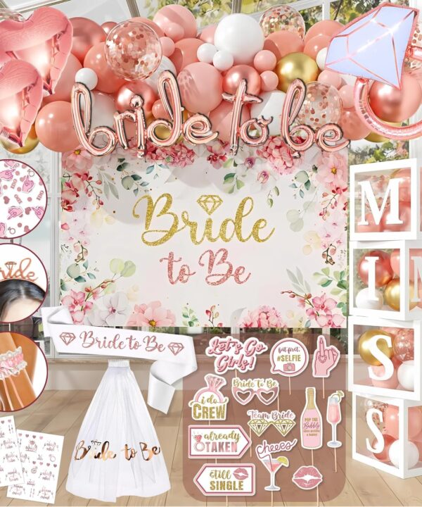 189 pc Bridal Shower Party Decorations – Balloons, Bride to Be Sash, Veil, Headband, Backdrop, Props – Pink Bachelorette Party Decorations for Engagement, Wedding, Rose Gold Bridal Shower Decorations