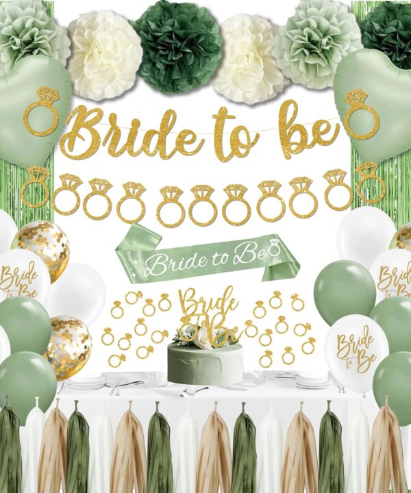 Sage Green Bachelorette Party Decorations, Bride to Be banner, Bridal Shower Decorations with Balloons,Bridal Sash, Paper Pompoms for Bachelorette Engagement Party favors