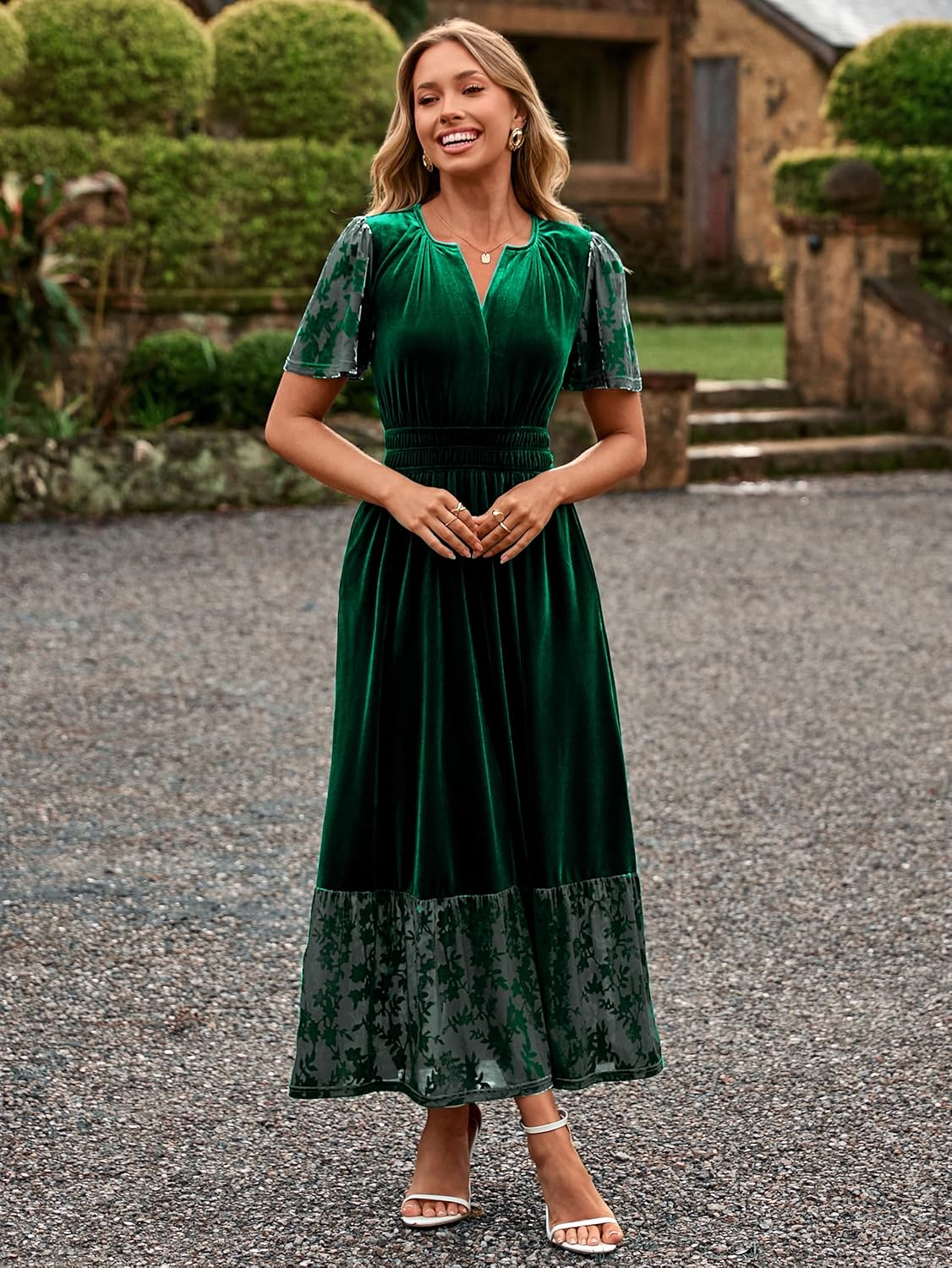 Simplee Womens Formal Velvet Maxi Dress Fall Winter V Neck Floral Short Sleeve Empire Waist Wedding Guest Dresses