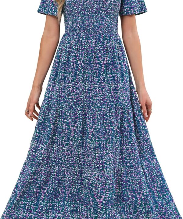 Maggeer Womens 2025 Summer Fall Smocked Wedding Guest Maxi Dress Casual Short Sleeve Floral Boho Flowy Long Dress