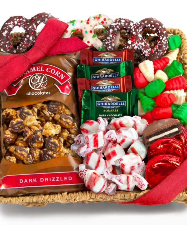 A Gift Inside Holiday Classic Chocolate, Candy & Crunch Gift Basket With Handmade Chocolates, Ghirardelli, Caramel Corn for Gourmet Christmas Food Gift