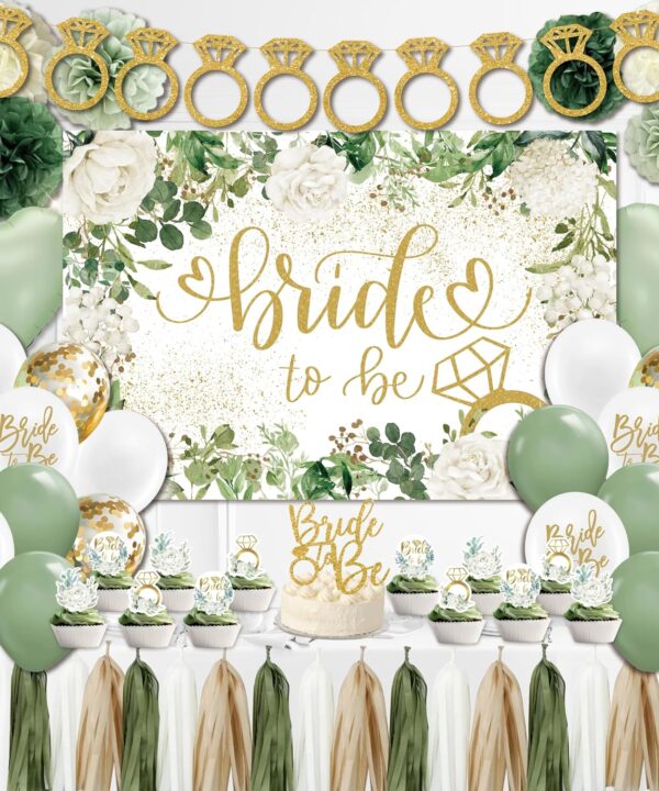 Sage Green Bridal Shower Decorations,Bachelorette Party Decorations, Bride to Be Backdrop, Bridal Shower Balloons, Paper Pom Poms Bride to Be Party Supplies for bridal shower