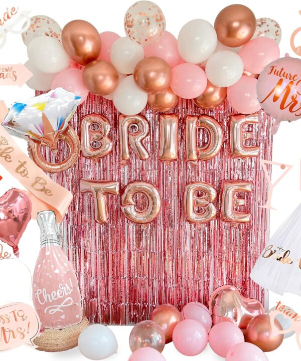 VIDAL CRAFTS 62-Piece Rose Gold Bridal Shower Decorations – Bachelorette Party Decor with Confetti Balloons, Bride-to-Be Banner, Bridal Veil, Fringe Curtains, Bride Sash & Fun Photo Props [UPGRADED]