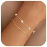 NECOCY 14K Gold Plated Pearl Bracelets for Women, Dainty Bracelets Stack Trendy Pearls Beaded Link Chain Charm Bracelets Set Layered Non Tarnish Tiny Cute Jewelry for Women