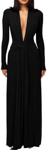 DAAWENXI Womens Sexy Deep V Neck Maxi Dress Long Sleeve Tie Wedding Guest Cocktail Evening Dresses