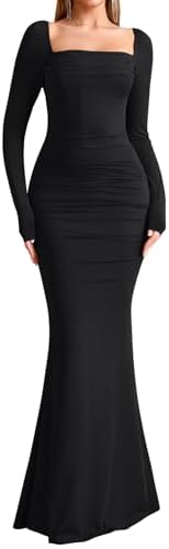 EYNMIN Corset Maxi Dress Long Sleeve Square Neck Ruched Bodycon Elegant Formal Wedding Guest Dresses for Women 2025 Fall