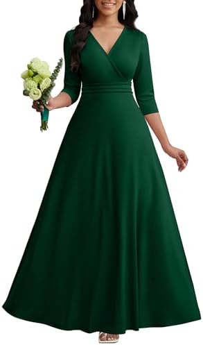CLOCOR Maxi Dress for Women Long Formal Short Sleeve A Line V Neck Dresses Wedding Guest High Waist Elegant