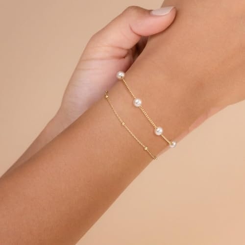 NECOCY 14K Gold Plated Pearl Bracelets for Women, Dainty Bracelets Stack Trendy Pearls Beaded Link Chain Charm Bracelets Set Layered Non Tarnish Tiny Cute Jewelry for Women