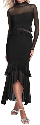Aisbei Womens Elegant Bodycon Maxi Dress Mock Neck Long Sleeve Ruffle Mesh Party Cocktail Formal Wedding Guest Dresses