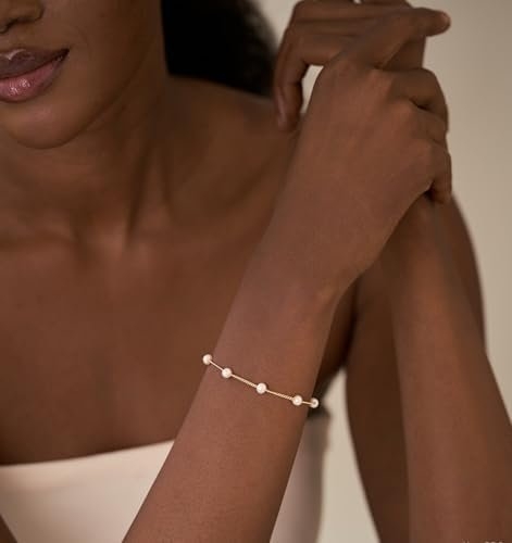 NECOCY 14K Gold Plated Pearl Bracelets for Women, Dainty Bracelets Stack Trendy Pearls Beaded Link Chain Charm Bracelets Set Layered Non Tarnish Tiny Cute Jewelry for Women