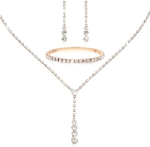 Gold Wedding Jewelry Sets for Women Gold Rhinestone Necklace Earrings Bracelet Bridesmaid Bridal Necklace for Wedding Costume Accessories for Women