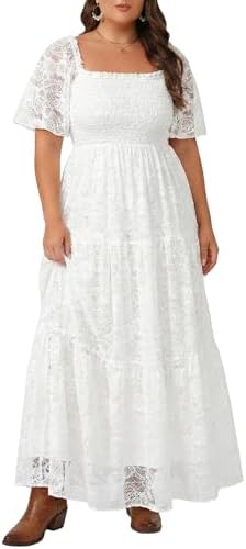 Plus Size Wedding Dress Bride Boho Lace Formal Square Neck Ruffle Sleeves Long Dresses for Curvy Women