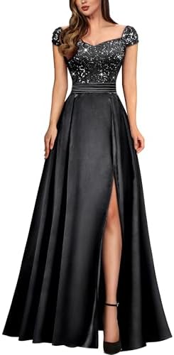 Miusol Womens Elegant V-Neck Sequin Lace Contrast Satin Split Bridesmaid Maxi Dress