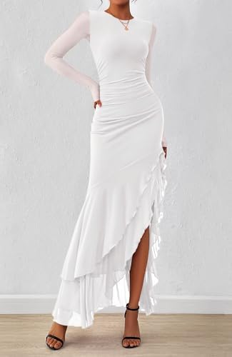 BTFBM Womens Maxi Dresses Spring 2026 Long Sleeve Ruched Bodycon Solid Ruffle Mermaid Cocktail Wedding Guest Dress